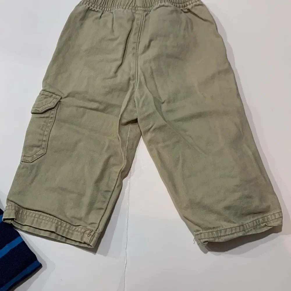 Carter’s Okie Dokie | Boys Blue Striped Penguin Shirt Tan Khaki Casual Pants 12M